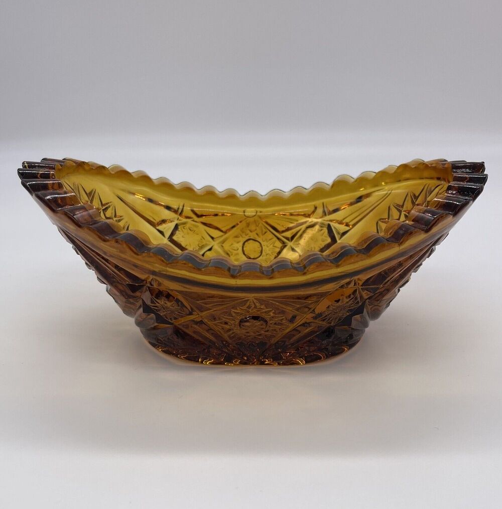 L.E. Smith Small Amber Cut Glass Star Pattern Oval Dish Vintage